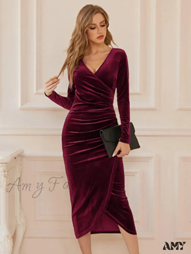 Amy Fashion - Autumn Velvet Bodycon Black Midi Dress