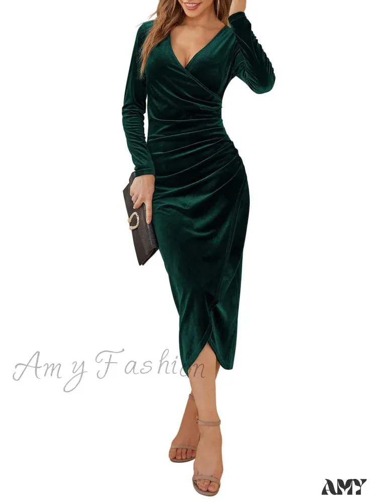 Amy Fashion - Autumn Velvet Bodycon Black Midi Dress