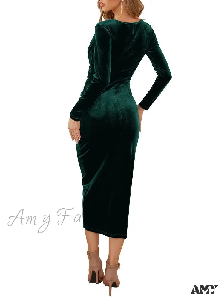 Amy Fashion - Autumn Velvet Bodycon Black Midi Dress