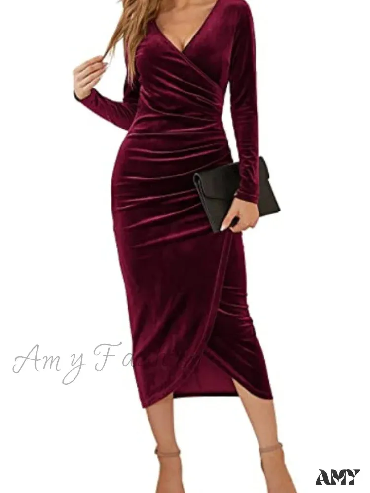 Amy Fashion - Autumn Velvet Bodycon Black Midi Dress