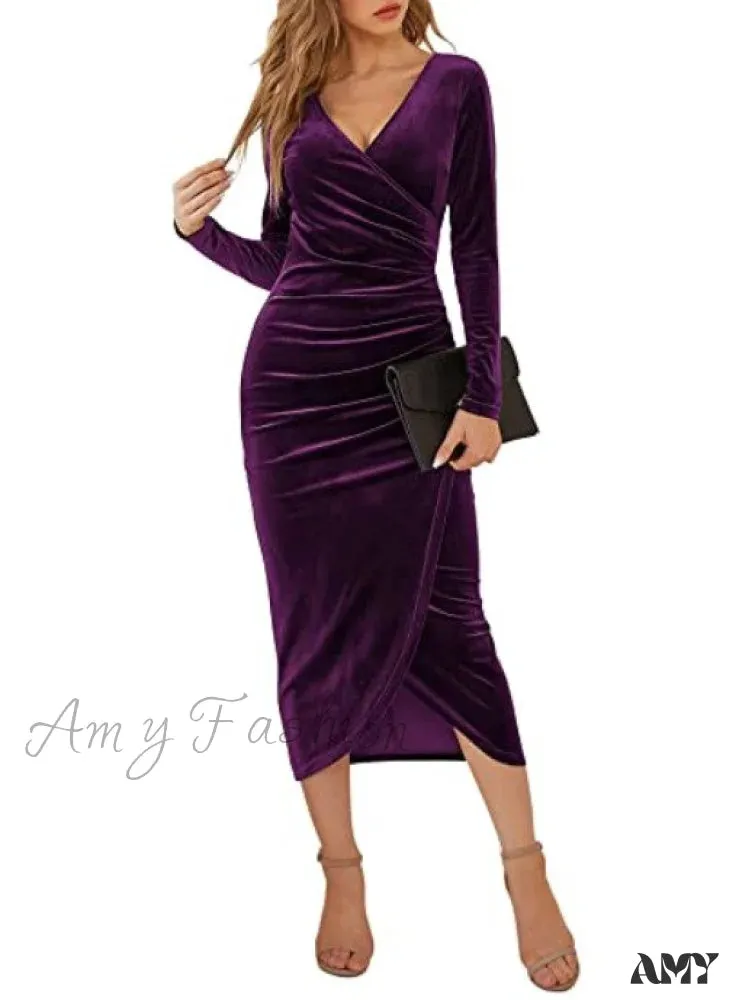 Amy Fashion - Autumn Velvet Bodycon Black Midi Dress