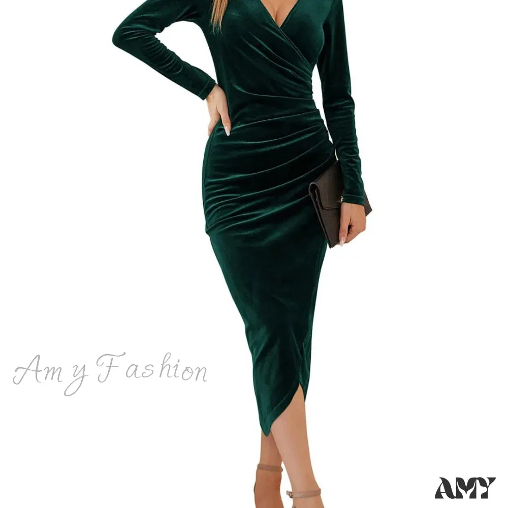 Amy Fashion - Autumn Velvet Bodycon Black Midi Dress