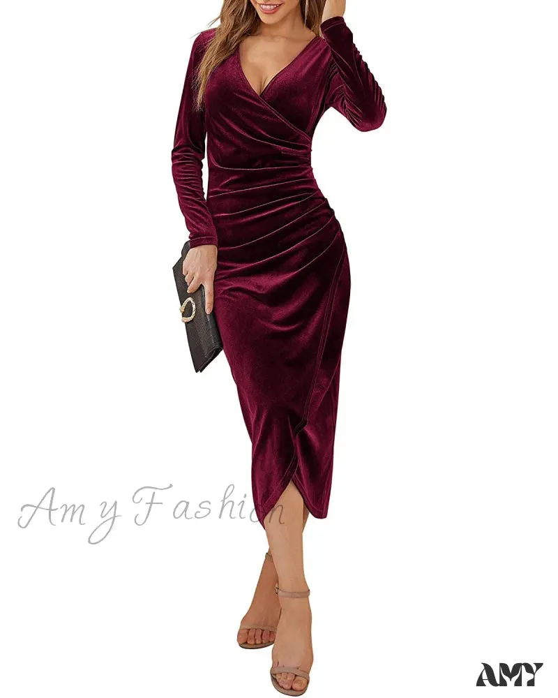 Amy Fashion - Autumn Velvet Bodycon Black Midi Dress