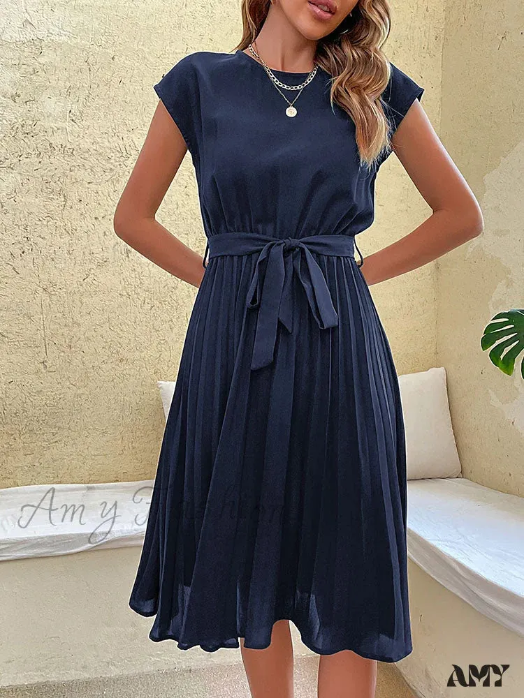 Amy Fashion - Casual Beach Sundress Short Sleeve Pleated Midi Dress