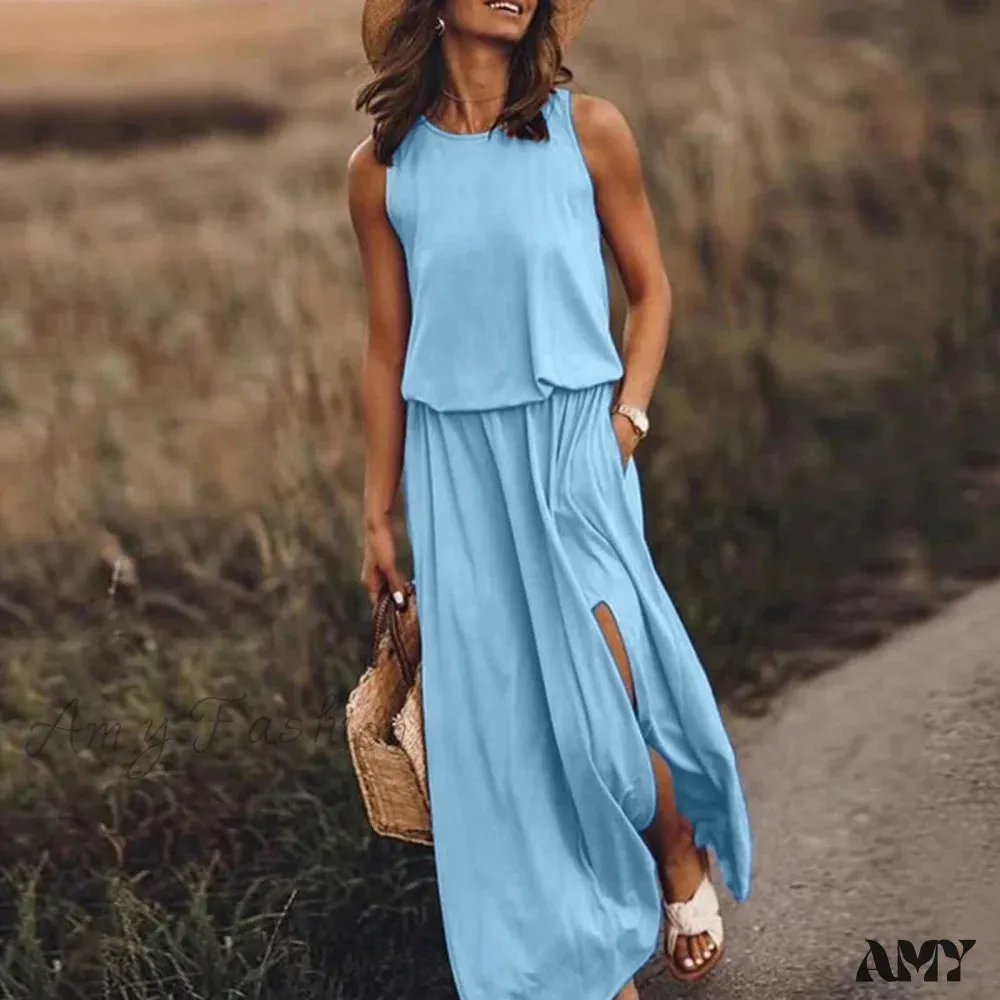 Amy Fashion - Casual Solid Round Neck Beach Dress Sleeveless Slit Dress