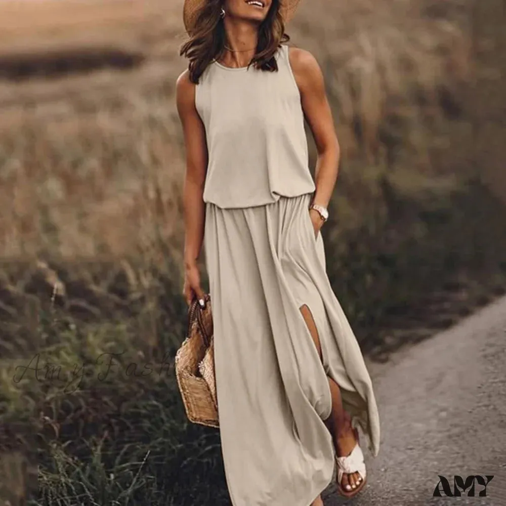 Amy Fashion - Casual Solid Round Neck Beach Dress Sleeveless Slit Dress