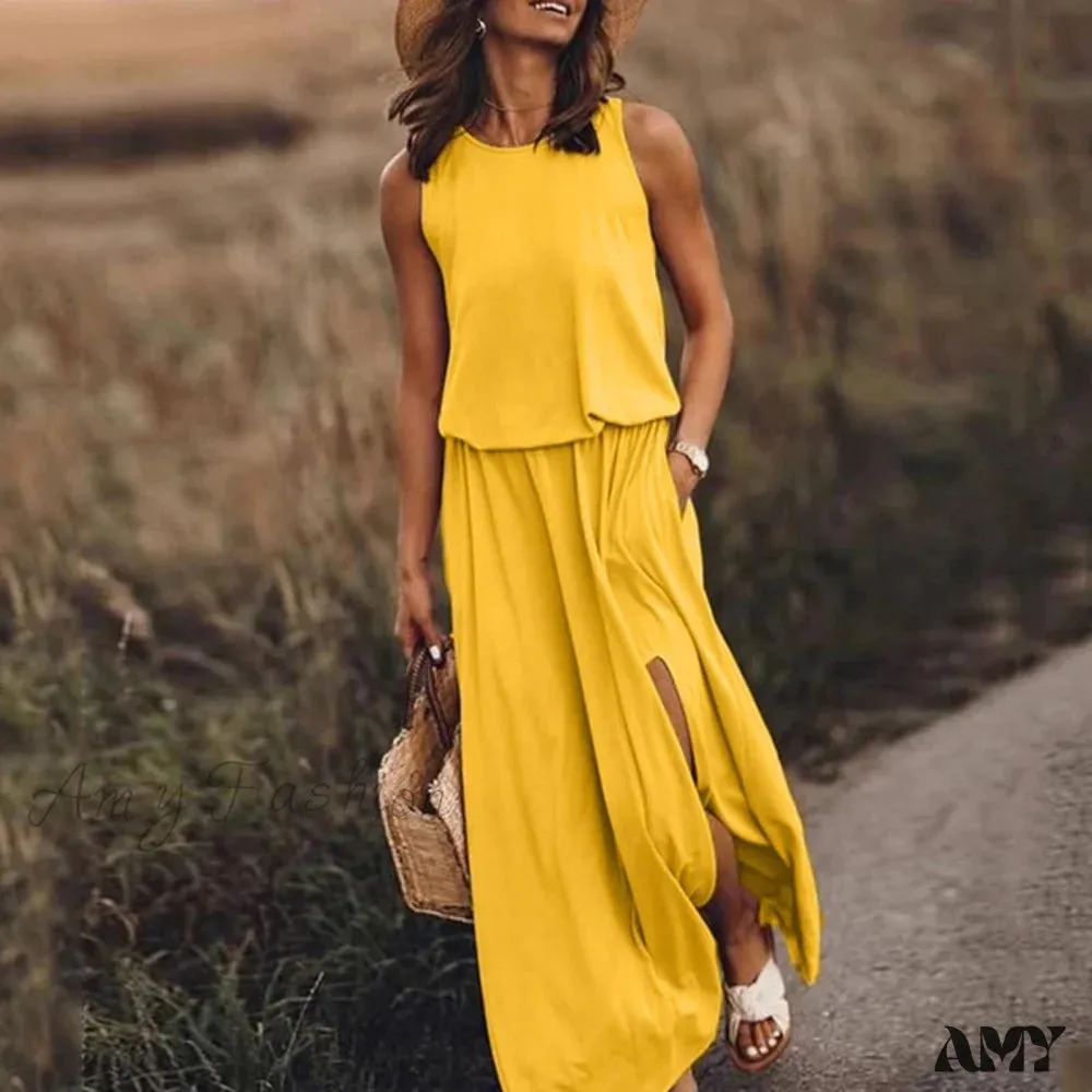 Amy Fashion - Casual Solid Round Neck Beach Dress Sleeveless Slit Dress