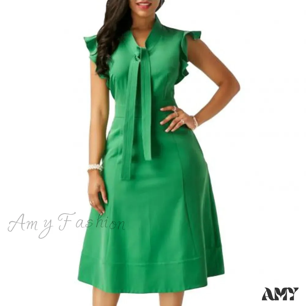 Amy Fashion - Fashion Solid Color Tie Ruffled Fly Sleeve Slim Midi Dress