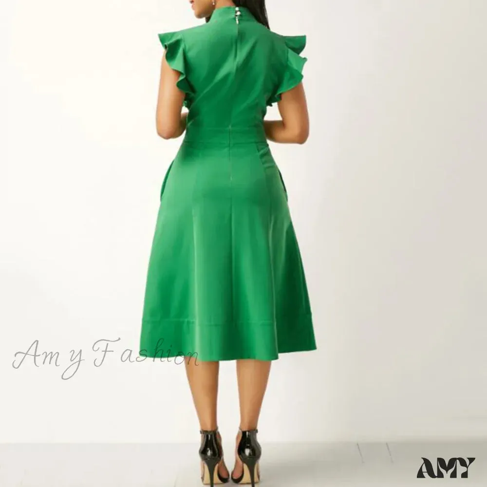 Amy Fashion - Fashion Solid Color Tie Ruffled Fly Sleeve Slim Midi Dress