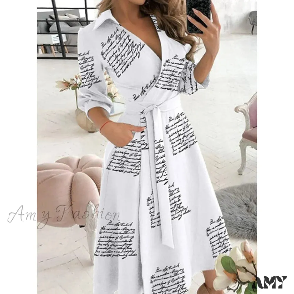 Amy Fashion - Long Sleeve V-neck Belt Pockets Casual Dress