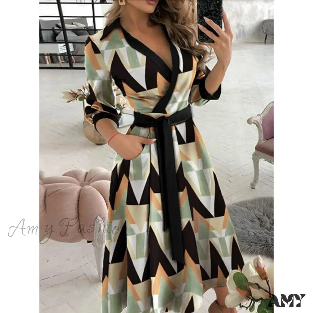 Amy Fashion - Long Sleeve V-neck Belt Pockets Casual Dress