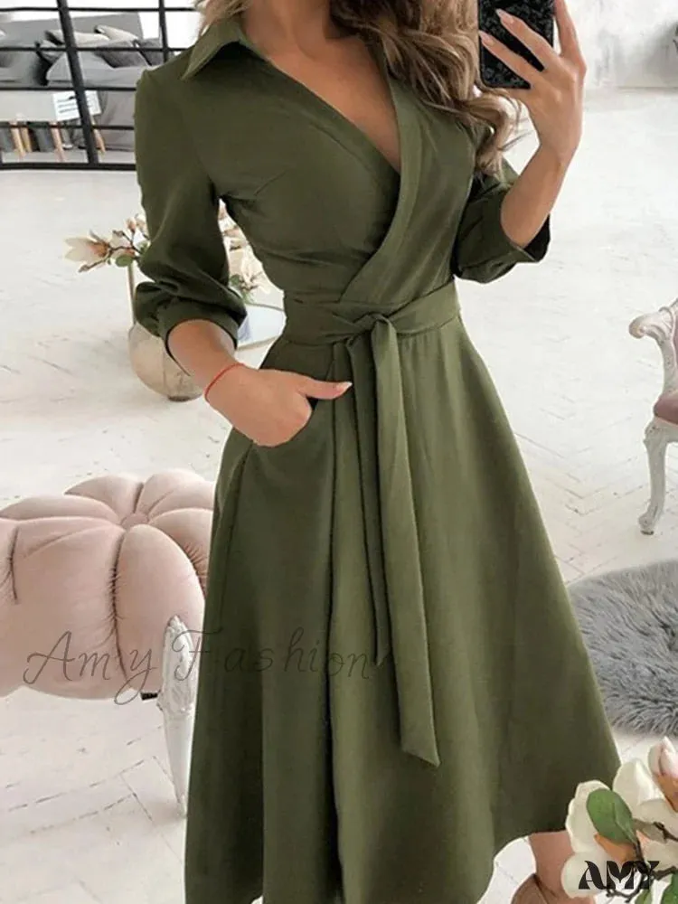 Amy Fashion - Long Sleeve V-neck Belt Pockets Casual Dress