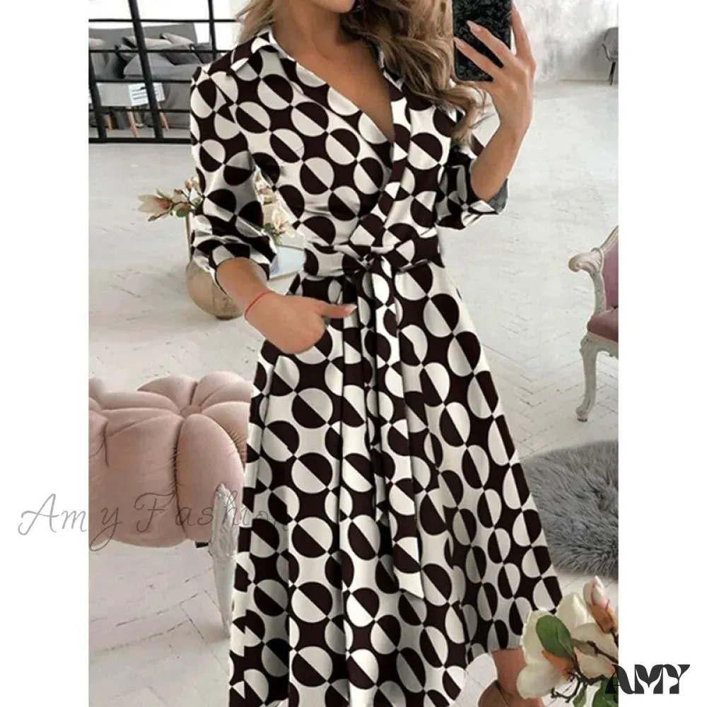 Amy Fashion - Long Sleeve V-neck Belt Pockets Casual Dress