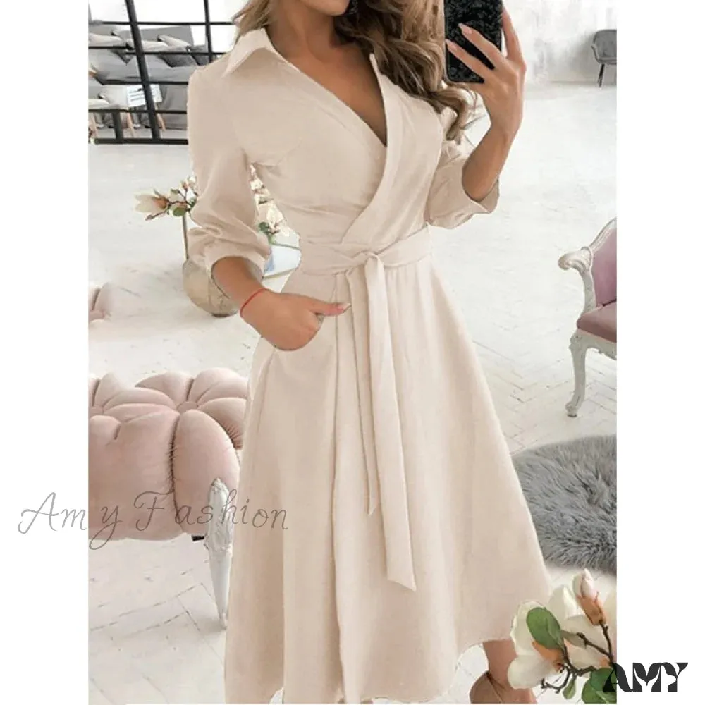 Amy Fashion - Long Sleeve V-neck Belt Pockets Casual Dress