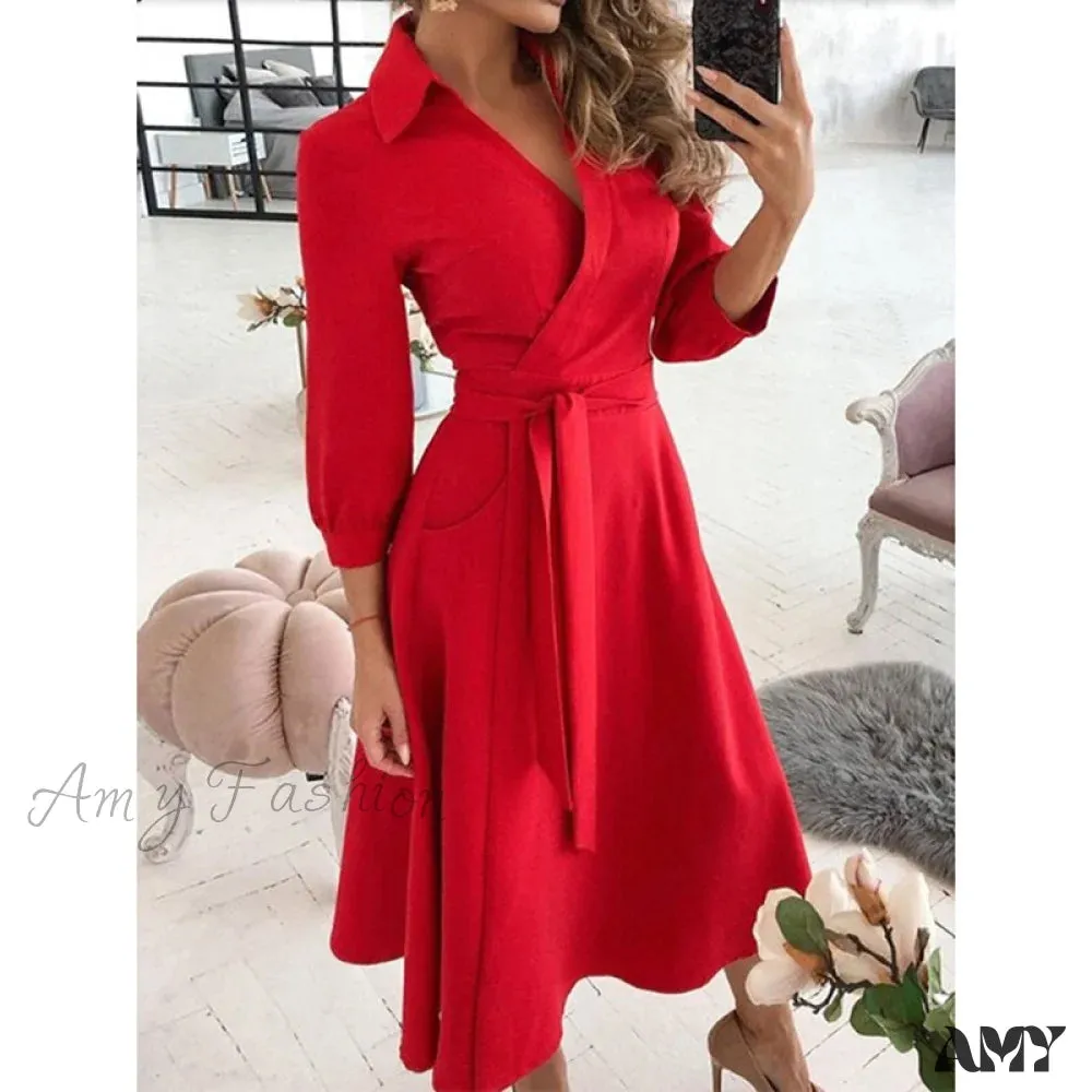 Amy Fashion - Long Sleeve V-neck Belt Pockets Casual Dress