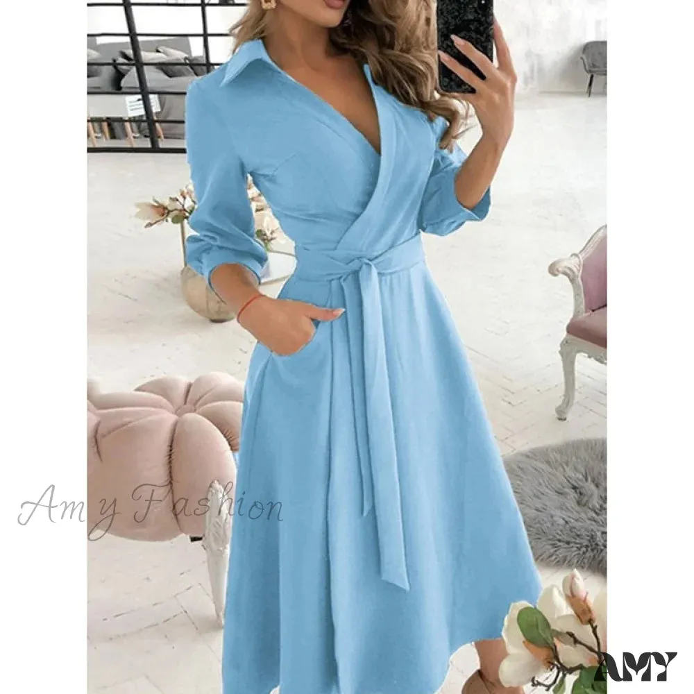 Amy Fashion - Long Sleeve V-neck Belt Pockets Casual Dress