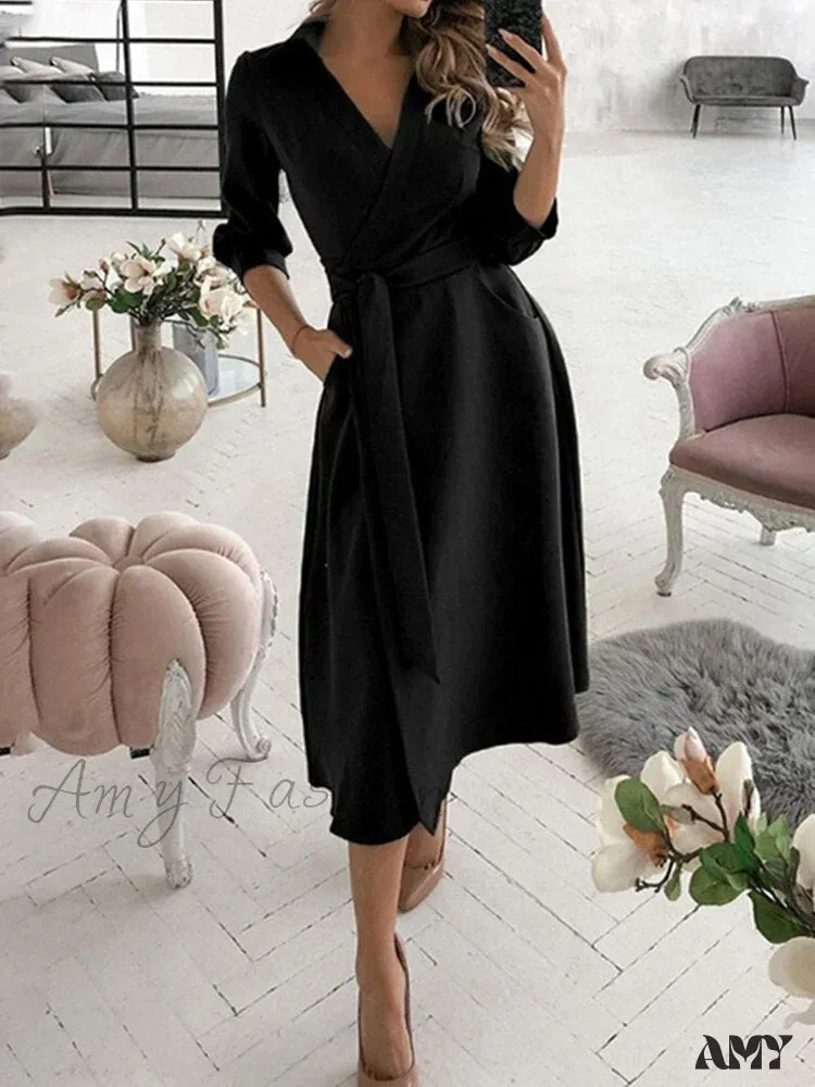 Amy Fashion - Long Sleeve V-neck Belt Pockets Casual Dress