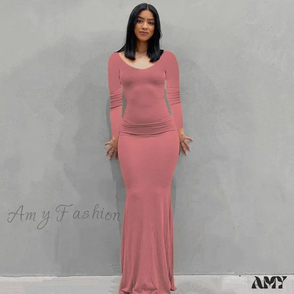 Amy Fashion - Party Club Ladies Bodycon Peach Hip Elegant Long Dresses