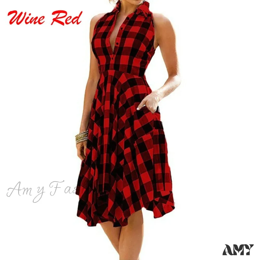 Amy Fashion - Plaid Pleated Office Casual Long Beach Party Dress