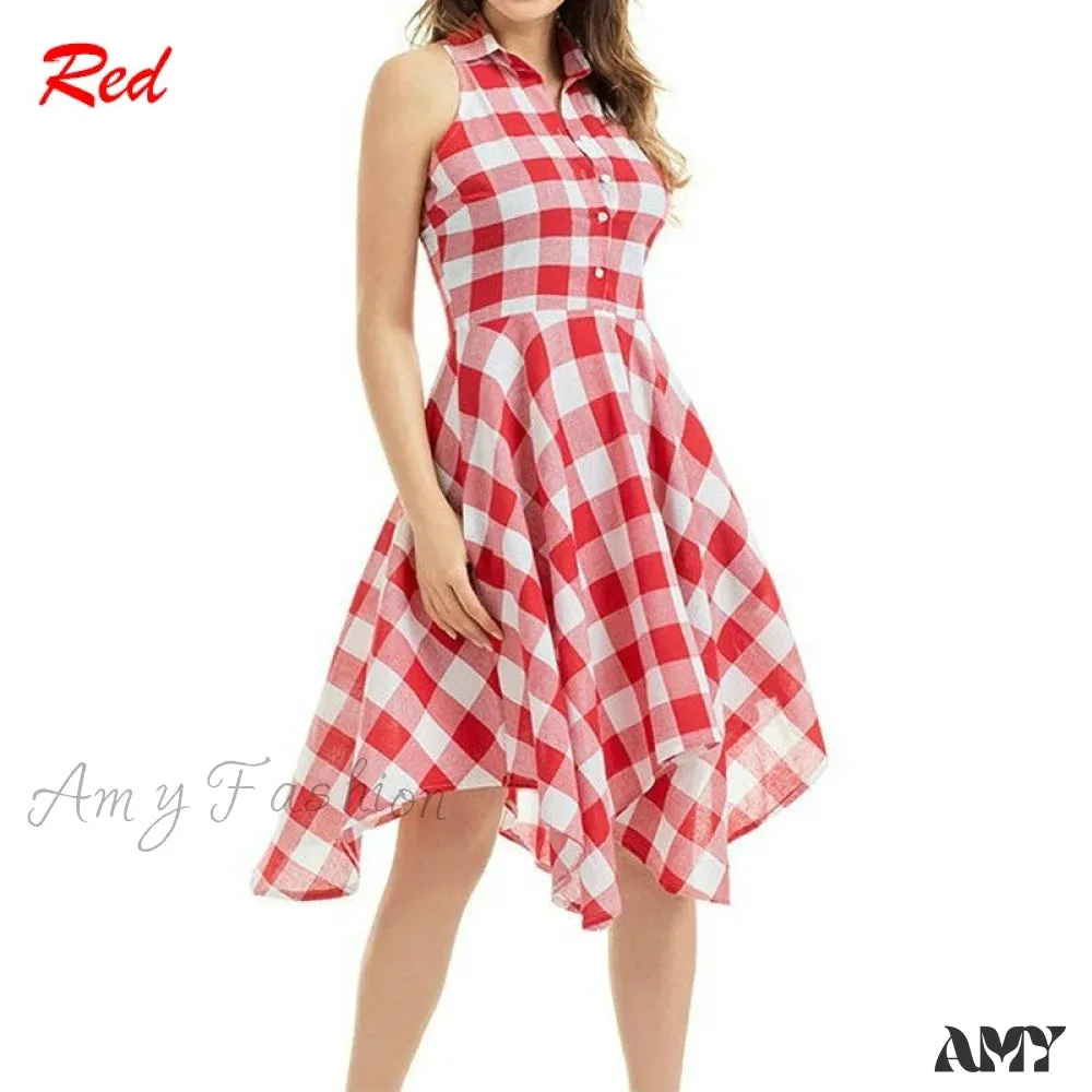 Amy Fashion - Plaid Pleated Office Casual Long Beach Party Dress