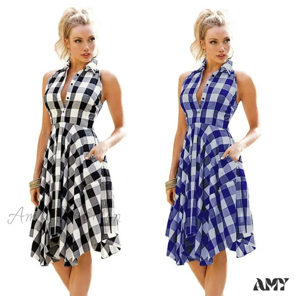 Amy Fashion - Plaid Pleated Office Casual Long Beach Party Dress