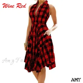 Amy Fashion - Plaid Pleated Office Casual Long Beach Party Dress