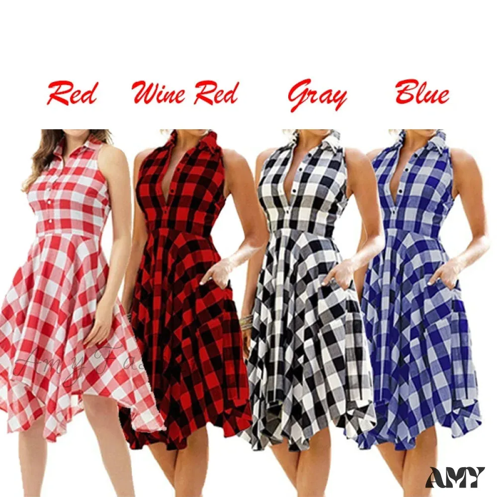 Amy Fashion - Plaid Pleated Office Casual Long Beach Party Dress