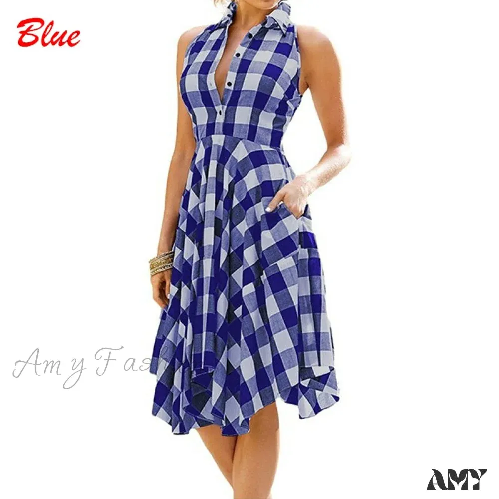 Amy Fashion - Plaid Pleated Office Casual Long Beach Party Dress