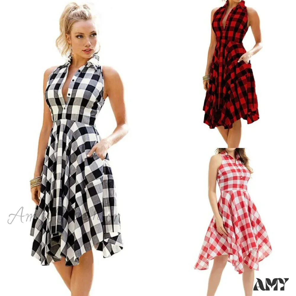 Amy Fashion - Plaid Pleated Office Casual Long Beach Party Dress