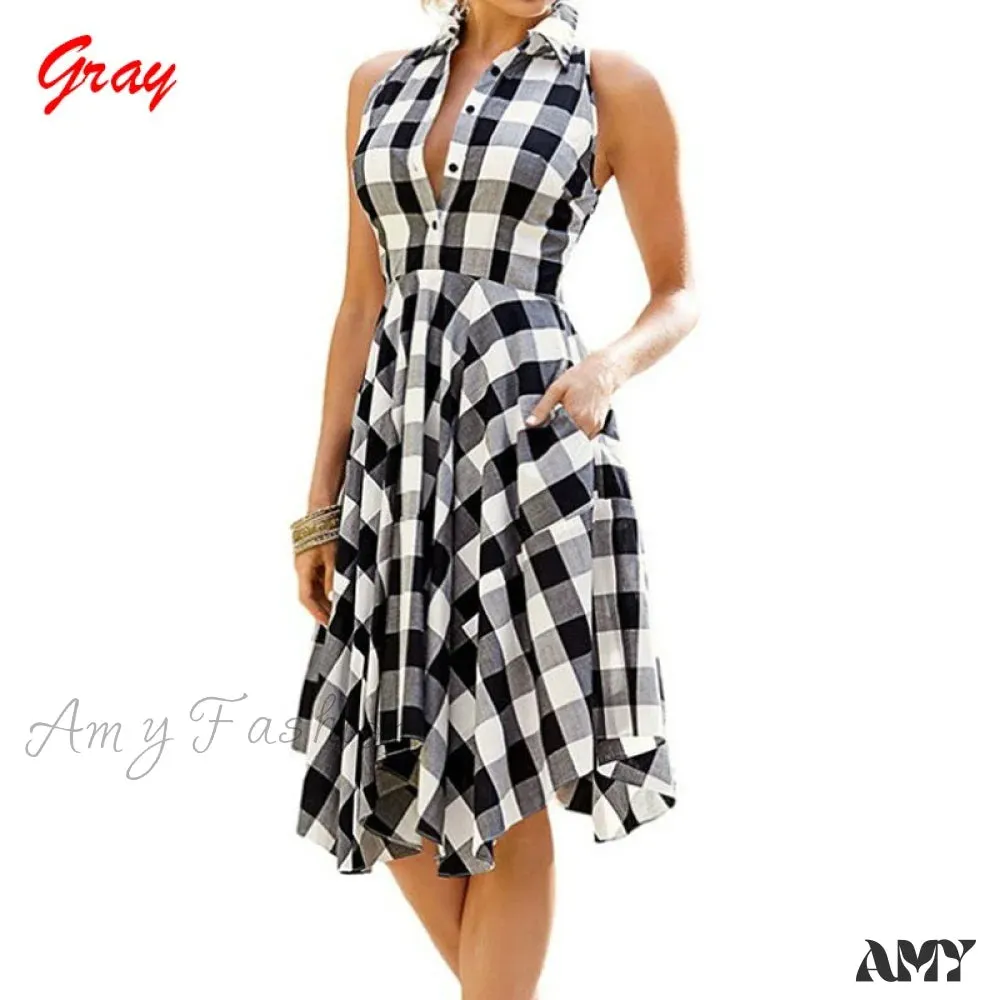 Amy Fashion - Plaid Pleated Office Casual Long Beach Party Dress