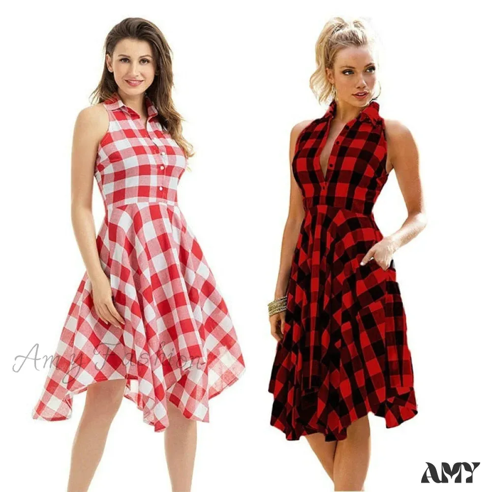 Amy Fashion - Plaid Pleated Office Casual Long Beach Party Dress