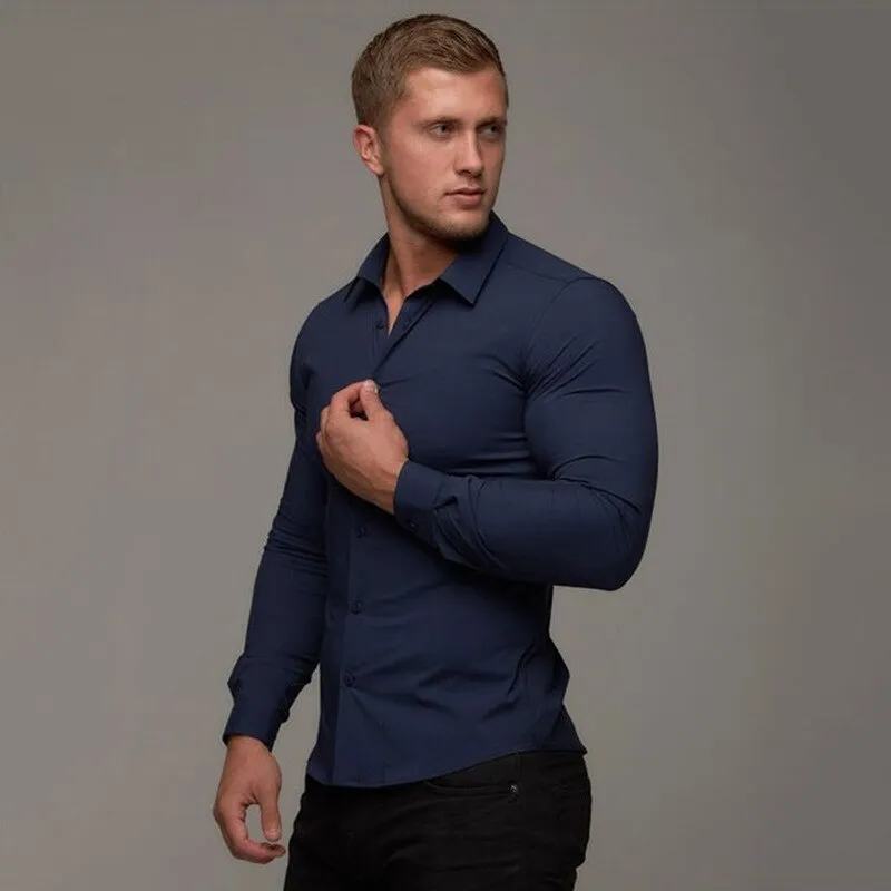 AntoniosClothing Cotton Elastic Long Sleeve Shirt Muscular-Fit