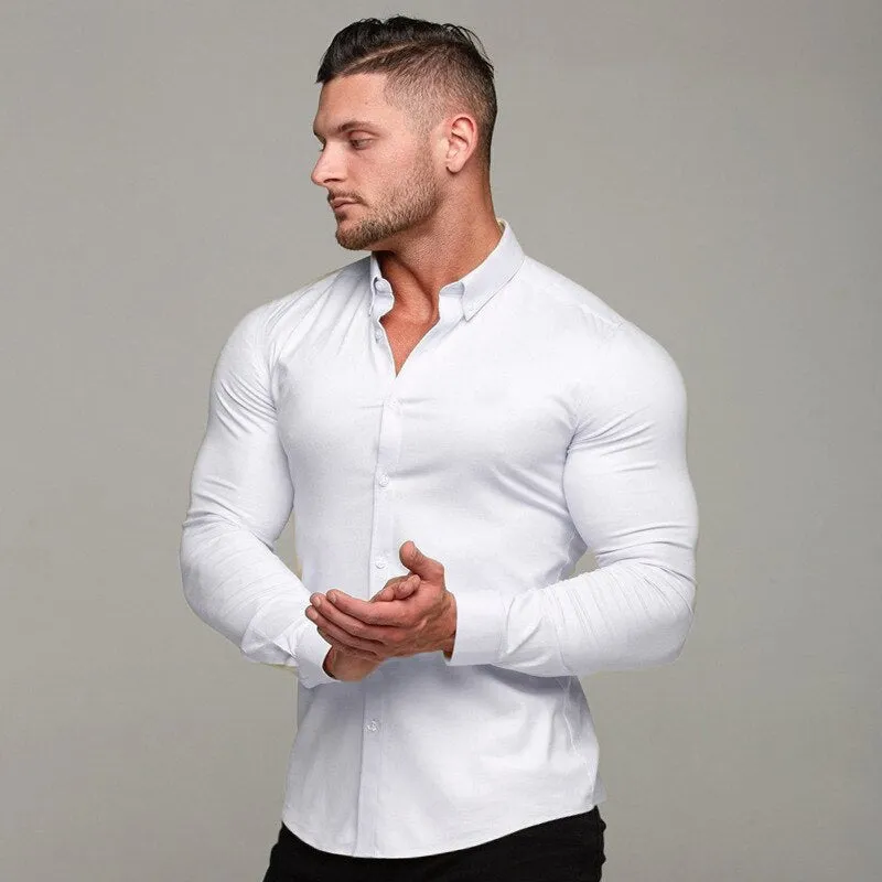 AntoniosClothing Cotton Elastic Long Sleeve Shirt Muscular-Fit