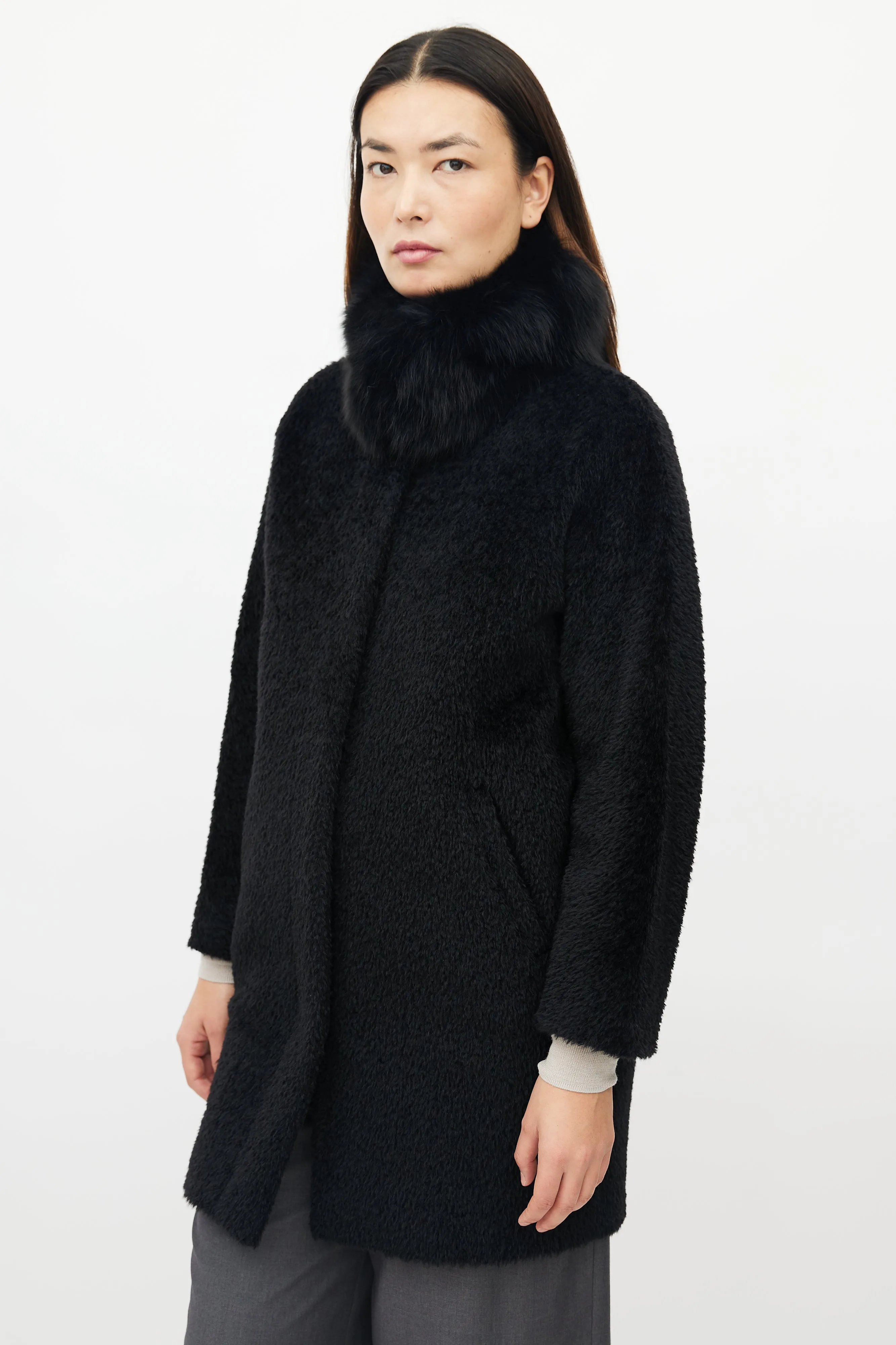 Black Wool Blend Fur Collar Coat