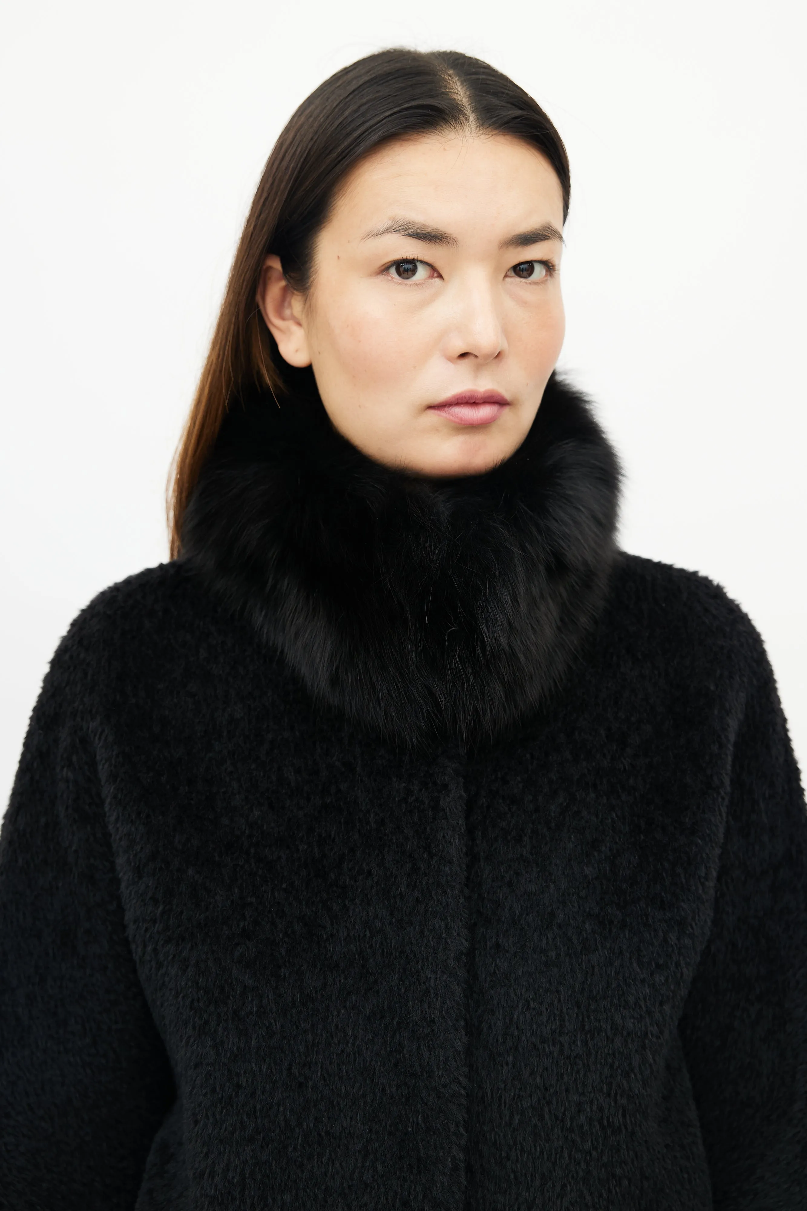 Black Wool Blend Fur Collar Coat