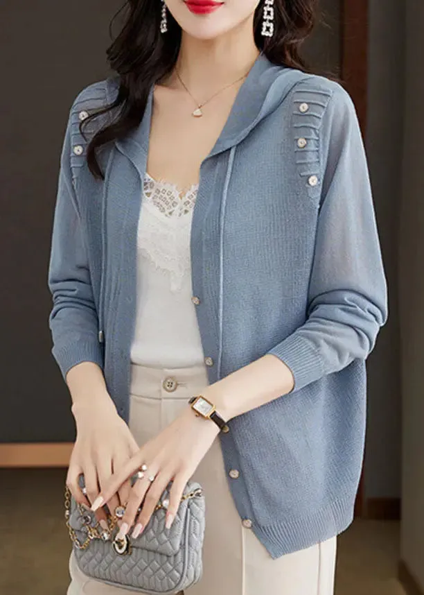 Blue Button Cozy Hooded Ice Size Knit Cardigan Fall LY8109