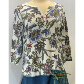 Blue Floral repurposed top into a new tunic size Large. The neckline has snaps to hold in place. The fabric on the bottom is new polyester.