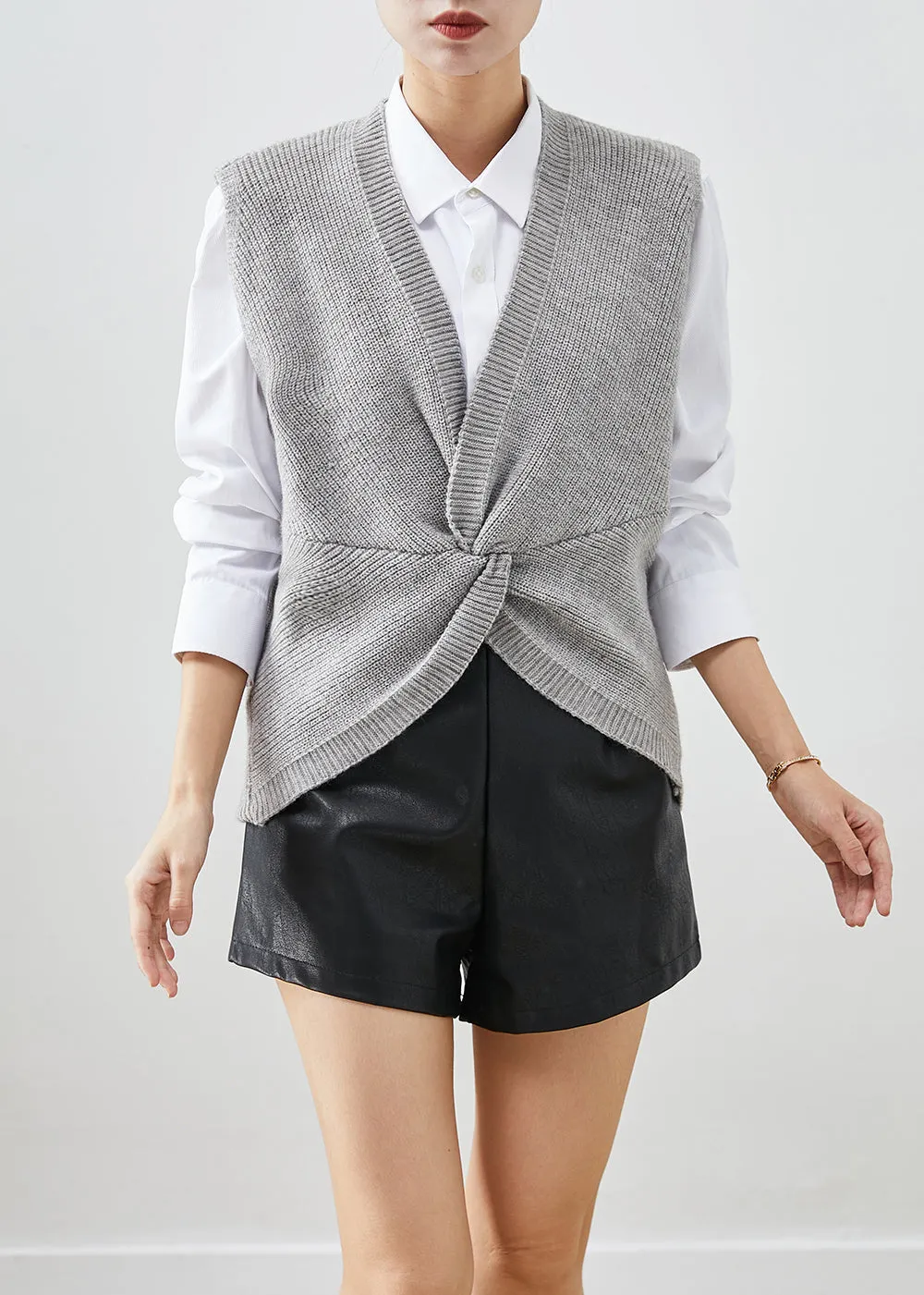 Boutique Grey V Neck Asymmetrical Design Knit Vests Fall ML2019