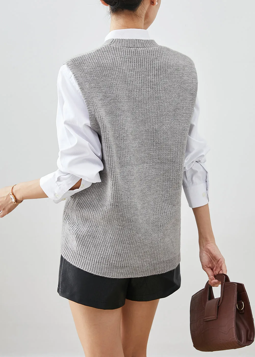 Boutique Grey V Neck Asymmetrical Design Knit Vests Fall ML2019