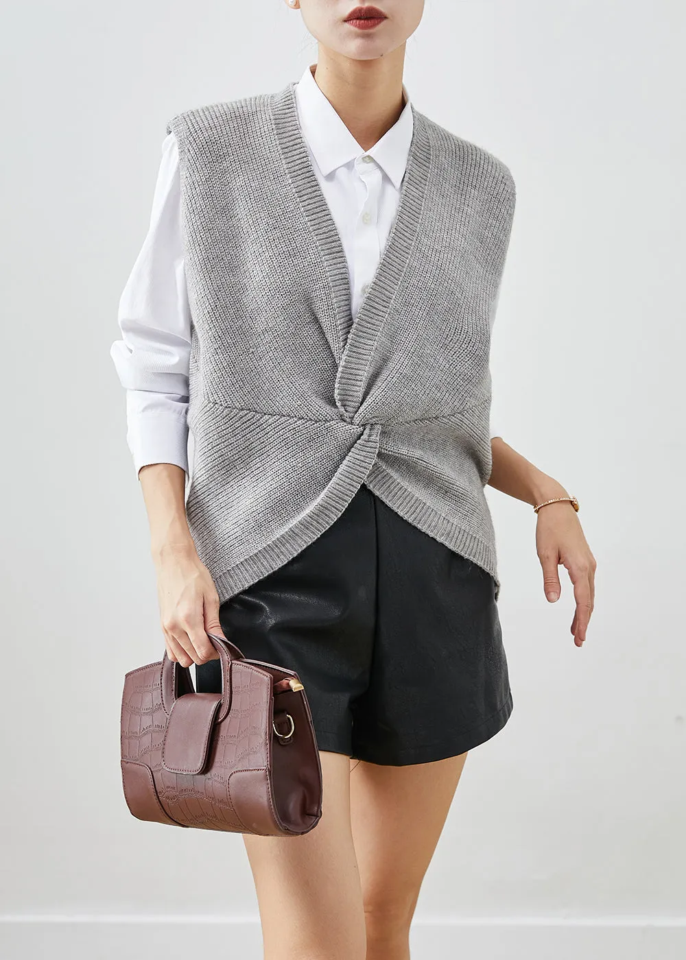 Boutique Grey V Neck Asymmetrical Design Knit Vests Fall ML2019