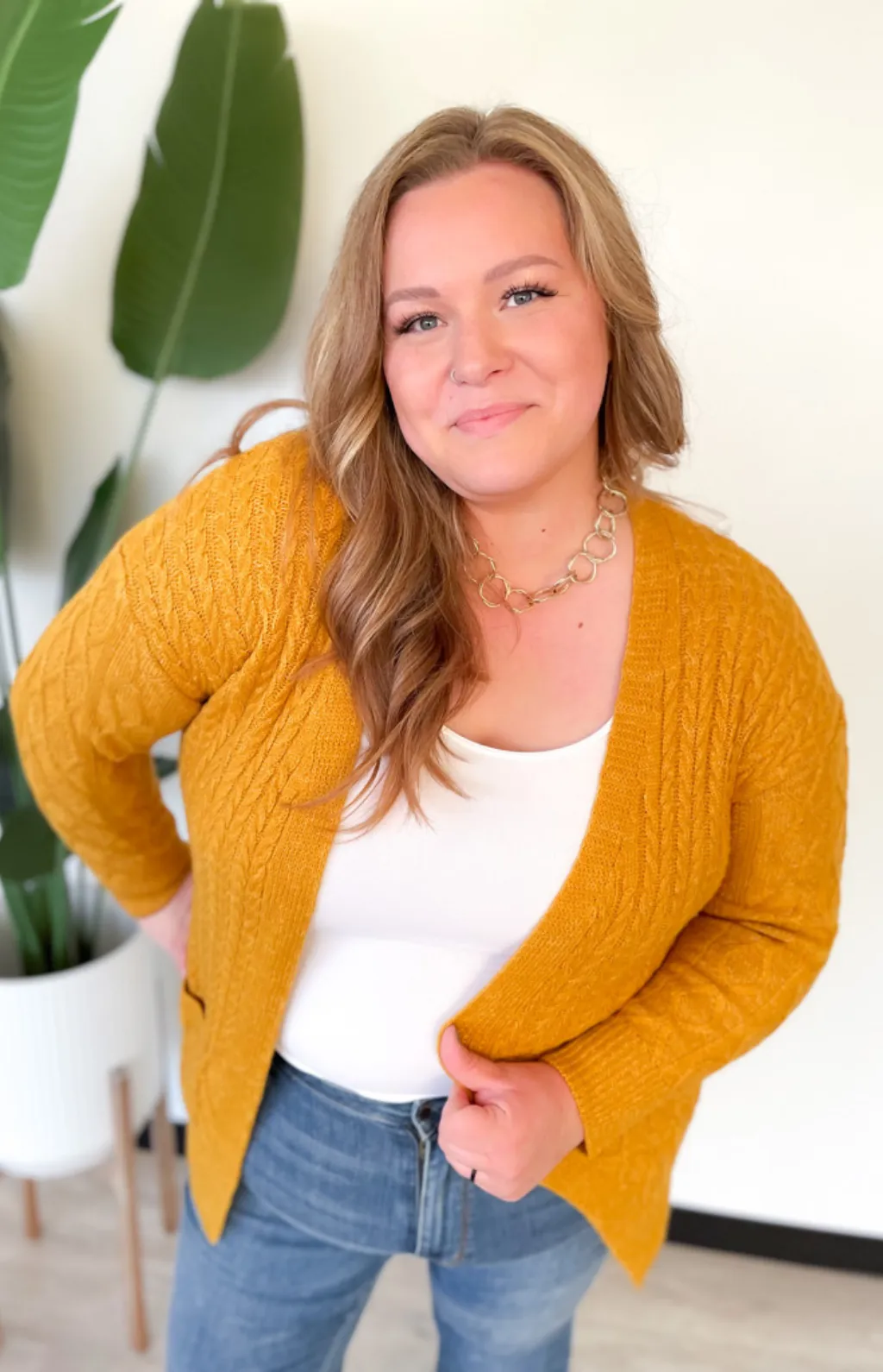 Brianna Mustard Cable Knit Cardigan-Curvy