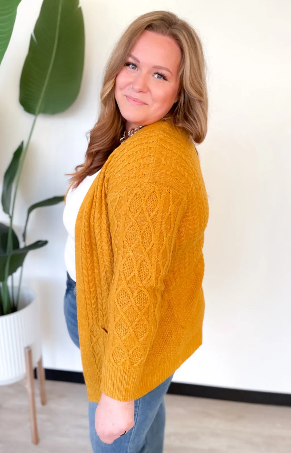 Brianna Mustard Cable Knit Cardigan-Curvy