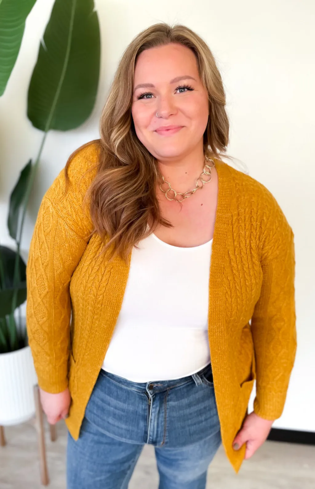 Brianna Mustard Cable Knit Cardigan-Curvy