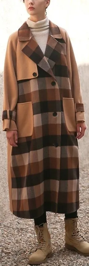 Camel Plaid Paneled Wool Coat