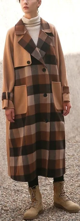 Camel Plaid Paneled Wool Coat