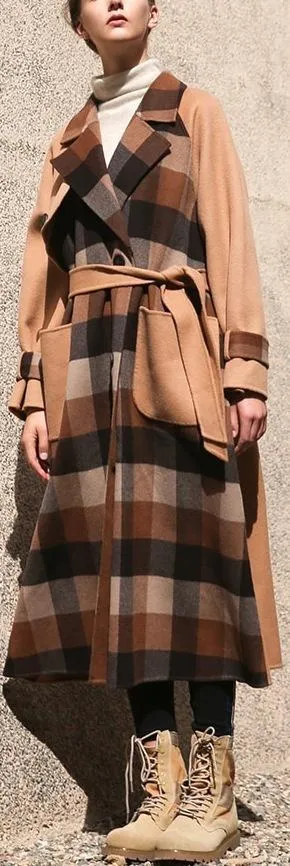 Camel Plaid Paneled Wool Coat