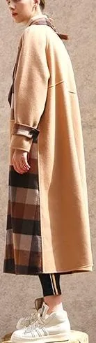 Camel Plaid Paneled Wool Coat