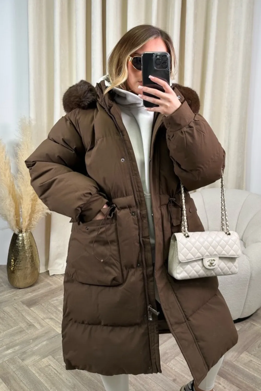 Carrie chocolate long puffer coat with faux fur hood