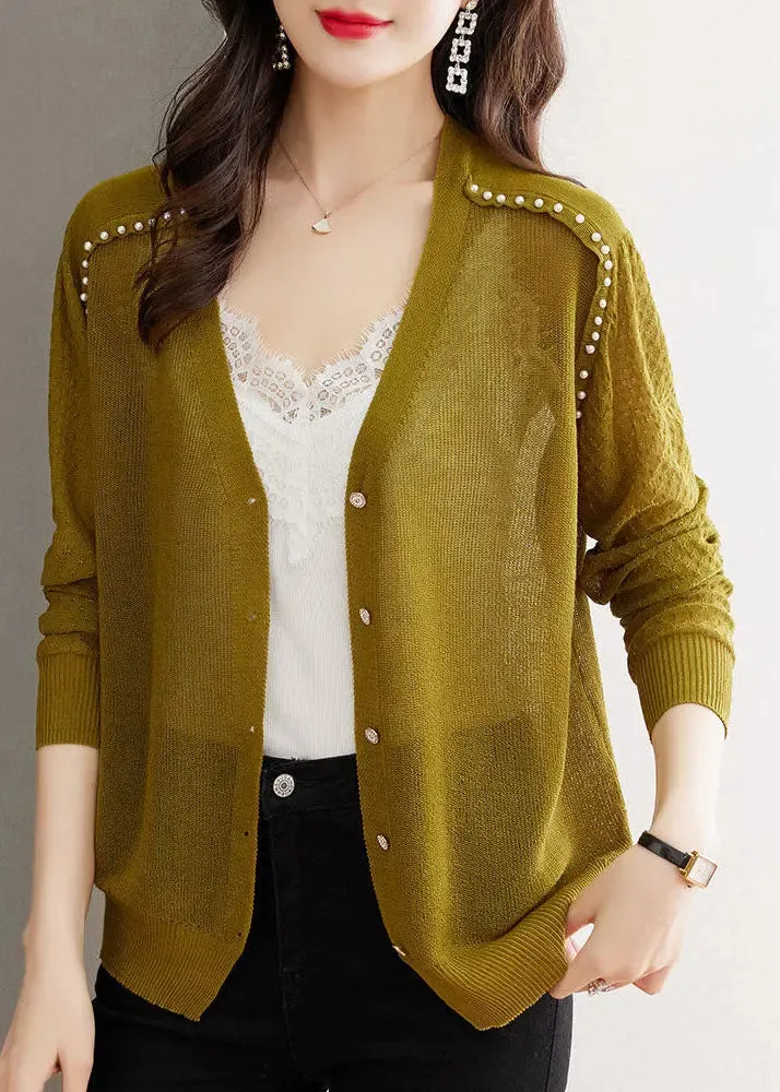 Casual Matcha Colour V Neck Nail Bead Button Ice Size Knit Cardigan Summer LY8107