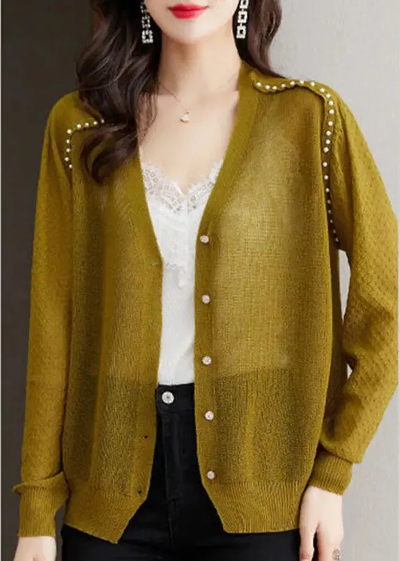 Casual Matcha Colour V Neck Nail Bead Button Ice Size Knit Cardigan Summer LY8107